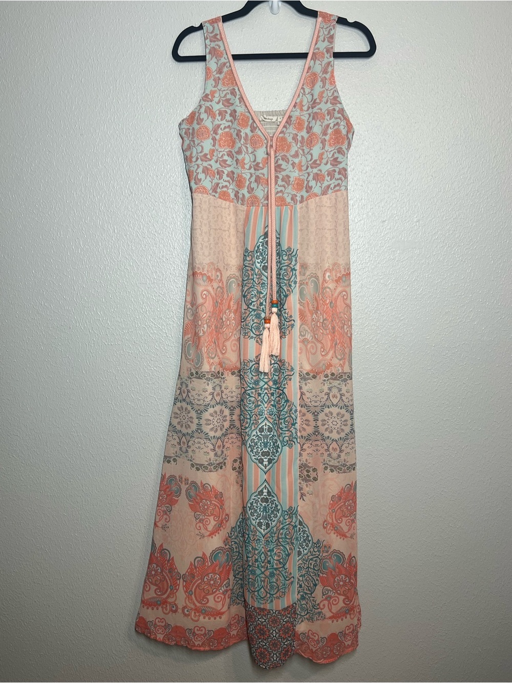 Soft Surroundings Maxi Dress Womens Small Peach Blue Paisley Boho Smocked Lined